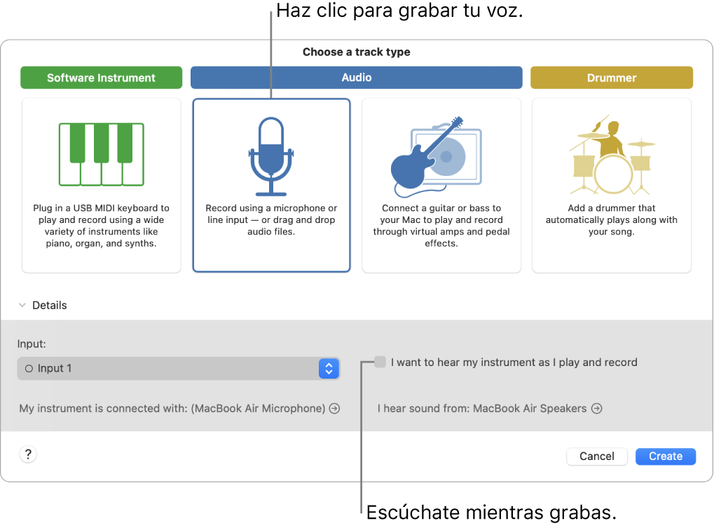 Panel de instrumentos de GarageBand mostrando dónde hacer clic para grabar voz y cómo escucharte a ti mismo mientras grabas.