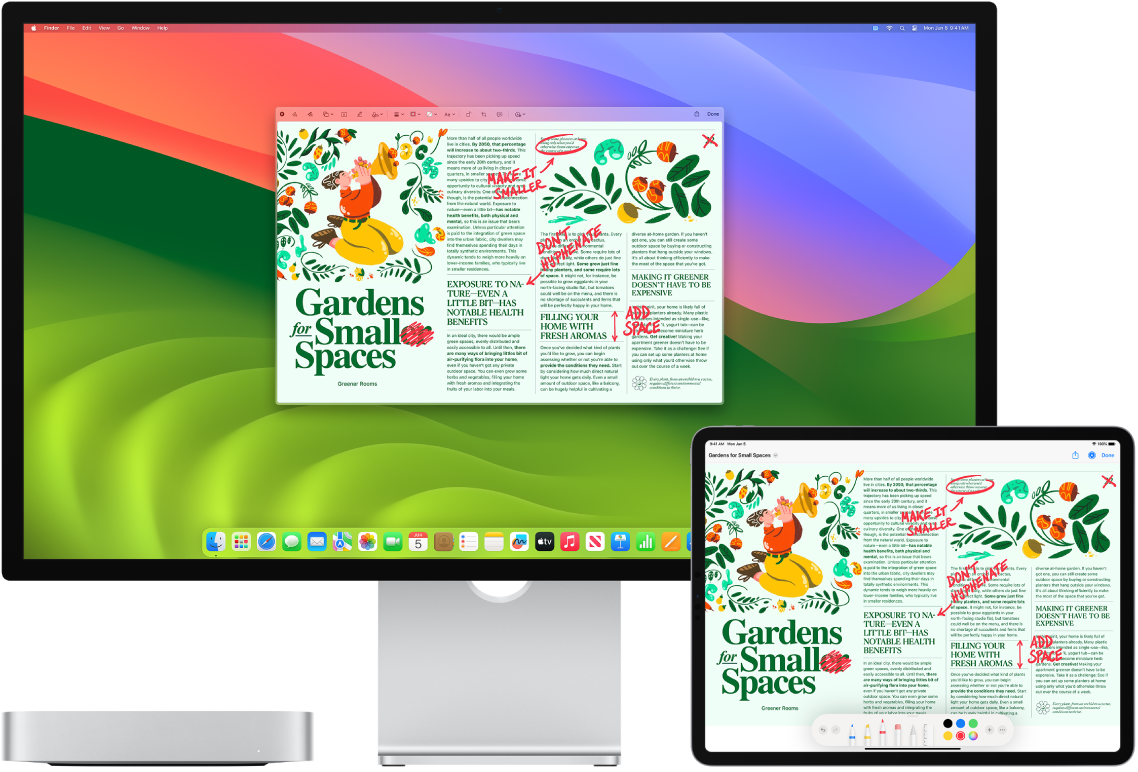 Un Mac mini et un iPad côte à côte. Les deux écrans affichent un article couvert de modifications manuscrites en rouge, telles que des phrases barrées, des flèches et des mots ajoutés. L’iPad montre également des commandes d’annotation au bas de l’écran.