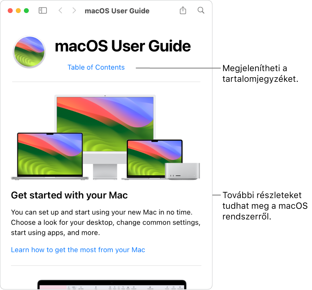 A macOS felhasználói útmutatójának kezdőoldala a Tartalomjegyzék linkkel.