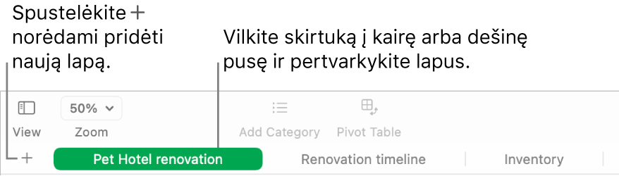 „Numbers“ langas, rodantis, kaip įtraukti naują lapą ir kaip pertvarkyti lapus.