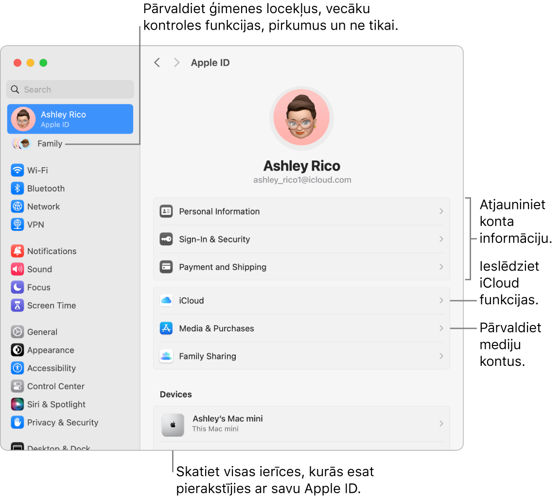 Apple ID iestatījumi izvēlnē System Settings ar remarkām atjaunināt konta informāciju, ieslēgt vai izslēgt iCloud funkcijas, pārvaldīt kontus, un sadaļu Family, kur varat pārvaldīt ģimenes locekļus, vecāku kontroles funkcijas, pirkumus un ne tikai.