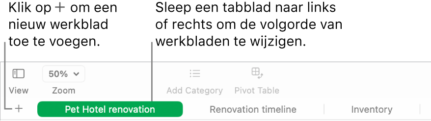 Een Numbers-venster waarin je ziet hoe je een nieuw werkblad toevoegt en hoe je de volgorde van werkbladen wijzigt.