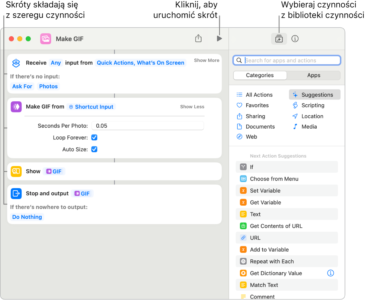 Edytor skrótu Utwórz obrazek GIF po lewej oraz biblioteka czynności po prawej.