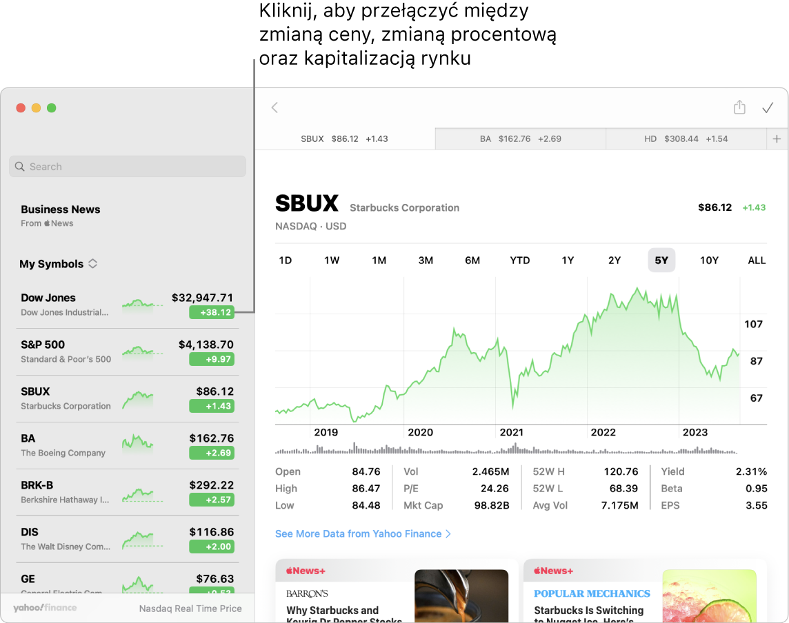 Ekran aplikacji Giełda pokazujący informacje oraz artykuły dotyczące zaznaczonej spółki, oraz objaśnienie „Kliknij, aby przełączyć między zmian ceny, zmianą procentową oraz kapitalizacją rynkową”.