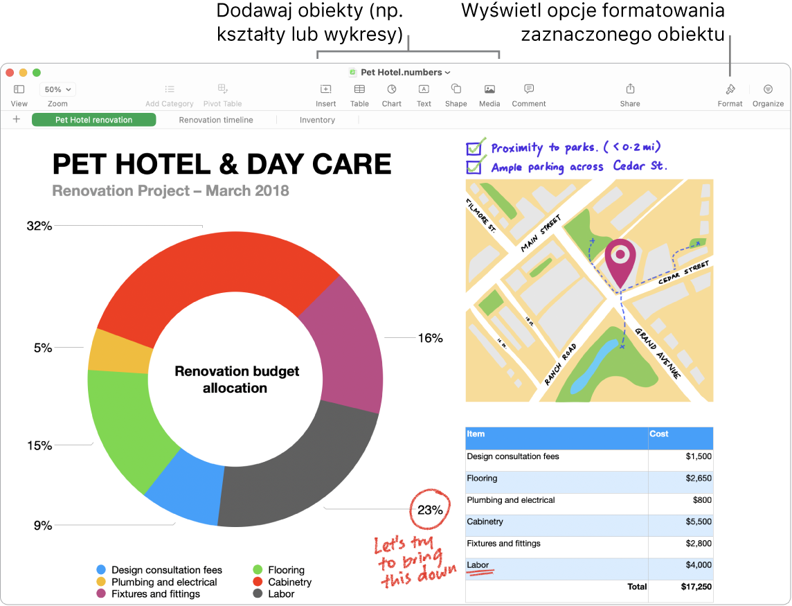 Okno aplikacji Numbers z paskiem narzędzi oraz narzędziami edycji (u góry), przyciskiem udostępniania (po prawej u góry) oraz przyciskami Format i Organizuj (po prawej).