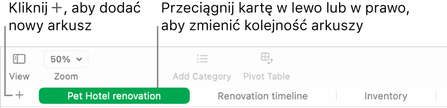 Okno aplikacji Numbers z opisami przycisków dodawania nowego arkusza oraz zmiany kolejności arkuszy.