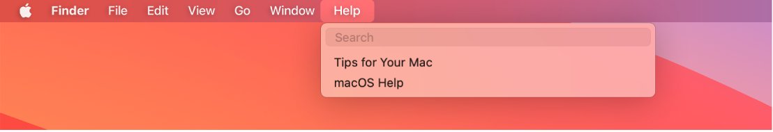 Uma mesa parcial com o menu Ajuda aberto, mostrando as opções de menu Buscar e Ajuda macOS.