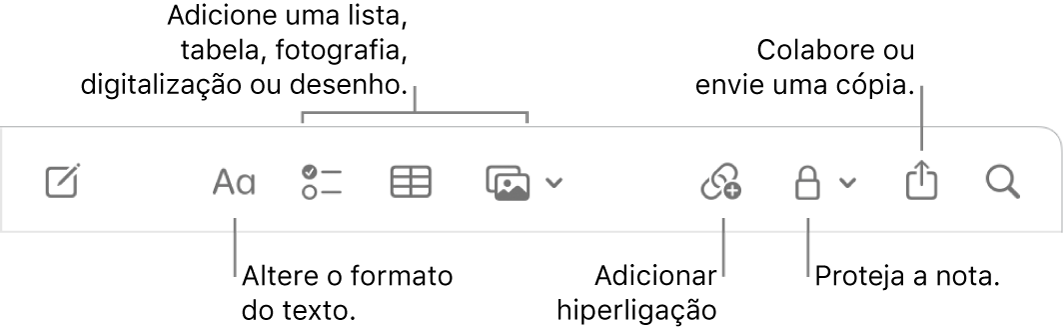 A barra de ferramentas da aplicação Notas com chamadas para ferramentas de formato do texto, lista, tabela, hiperligação, fotografias/multimédia, partilha e enviar uma cópia.