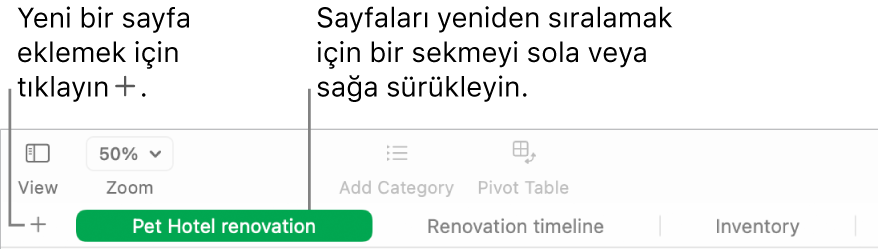 Nasıl yeni sayfa ekleyeceğinizi ve sayfaların sırasını değiştirebileceğinizi gösteren Numbers penceresi.