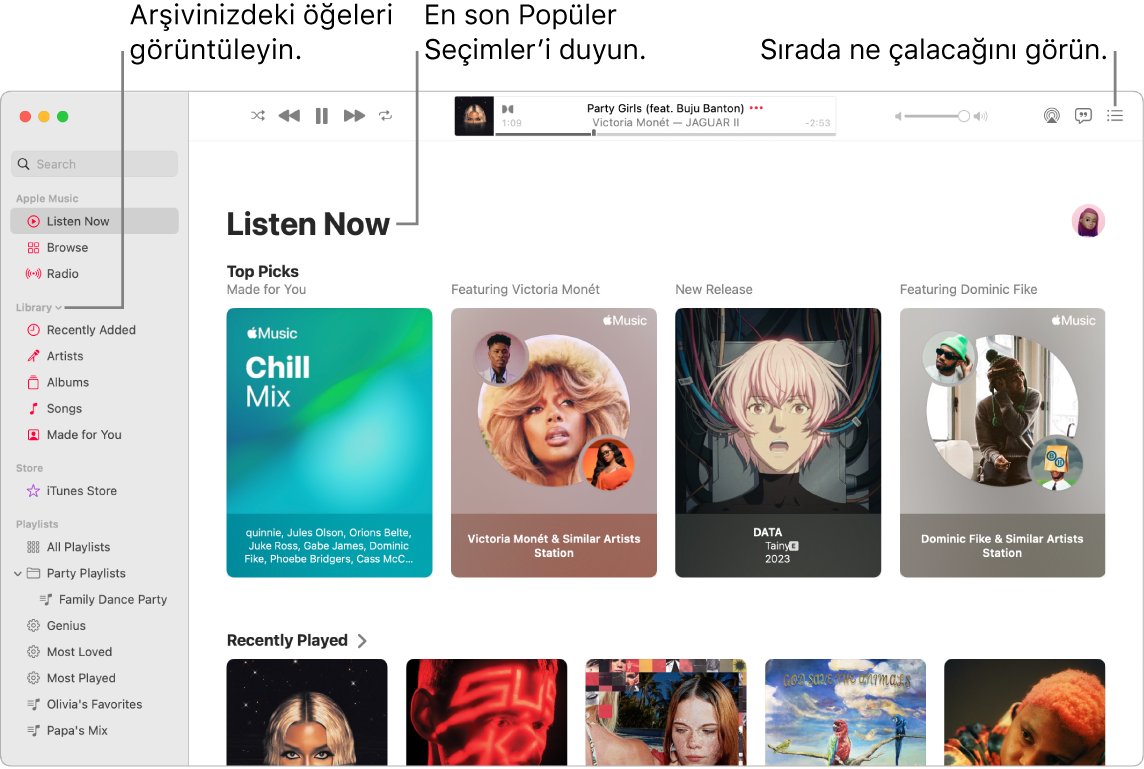 Arşivinizi görüntülemeyi, Apple Music’i dinlemeyi ve sıradaki parçaya bakmayı gösteren bir Müzik uygulaması penceresi.