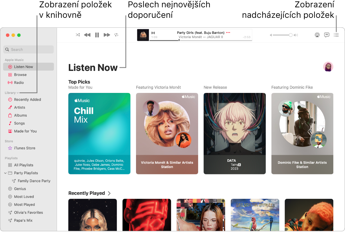 Okno aplikace Hudba s informacemi o tom, jak zobrazit knihovnu, jak poslouchat hudbu z Apple Music a jak se podívat, co bude hrát dál.