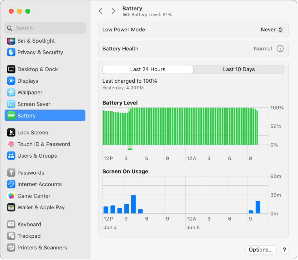 Battery Settings window showing the last ten days of Energy Usage. The window also that the Battery Health is normal, and there is an option to turn on Low Power Mode.