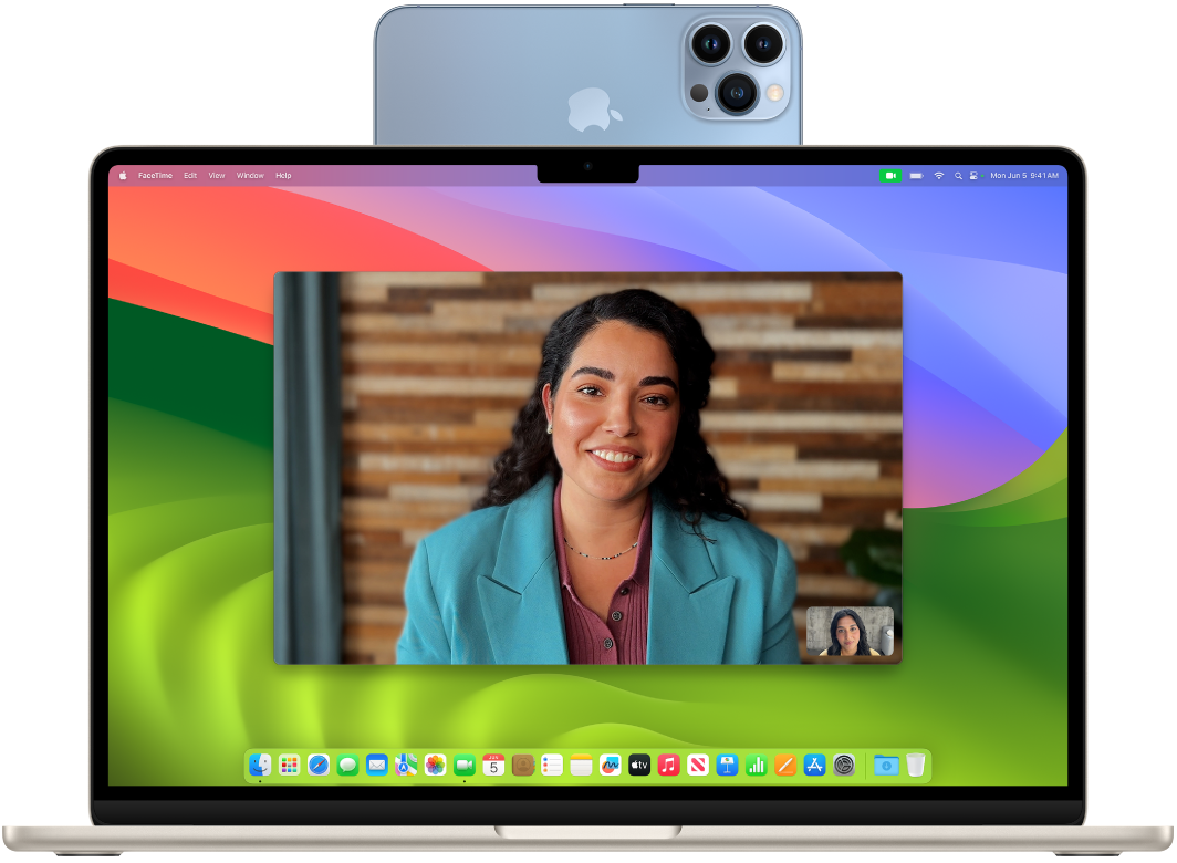 A MacBook Air showing a FaceTime session with Center Stage using Continuity Camera.