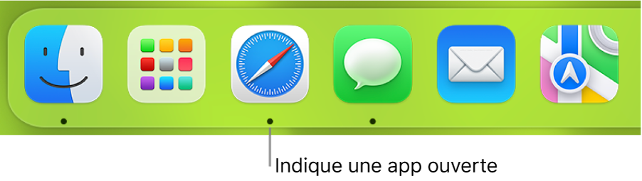 Une partie du Dock montrant des points noirs sous les apps ouvertes.