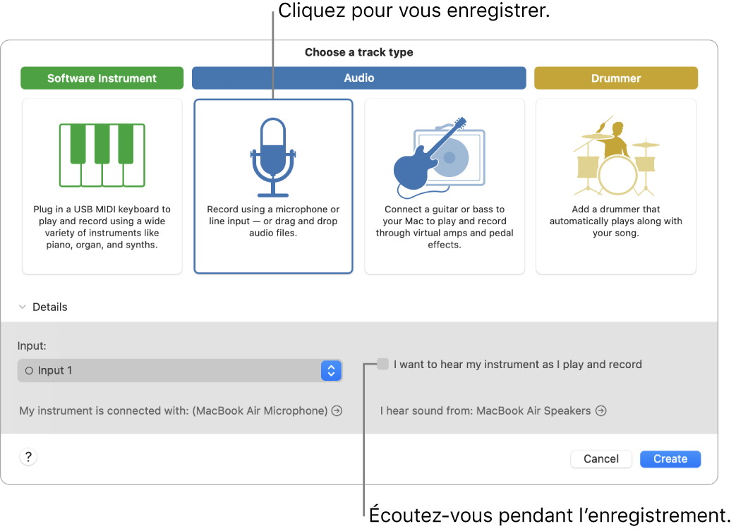 Sous-fenêtre des instruments de GarageBand indiquant où cliquer pour enregistrer la voix et s’écouter au moment de l’enregistrement.