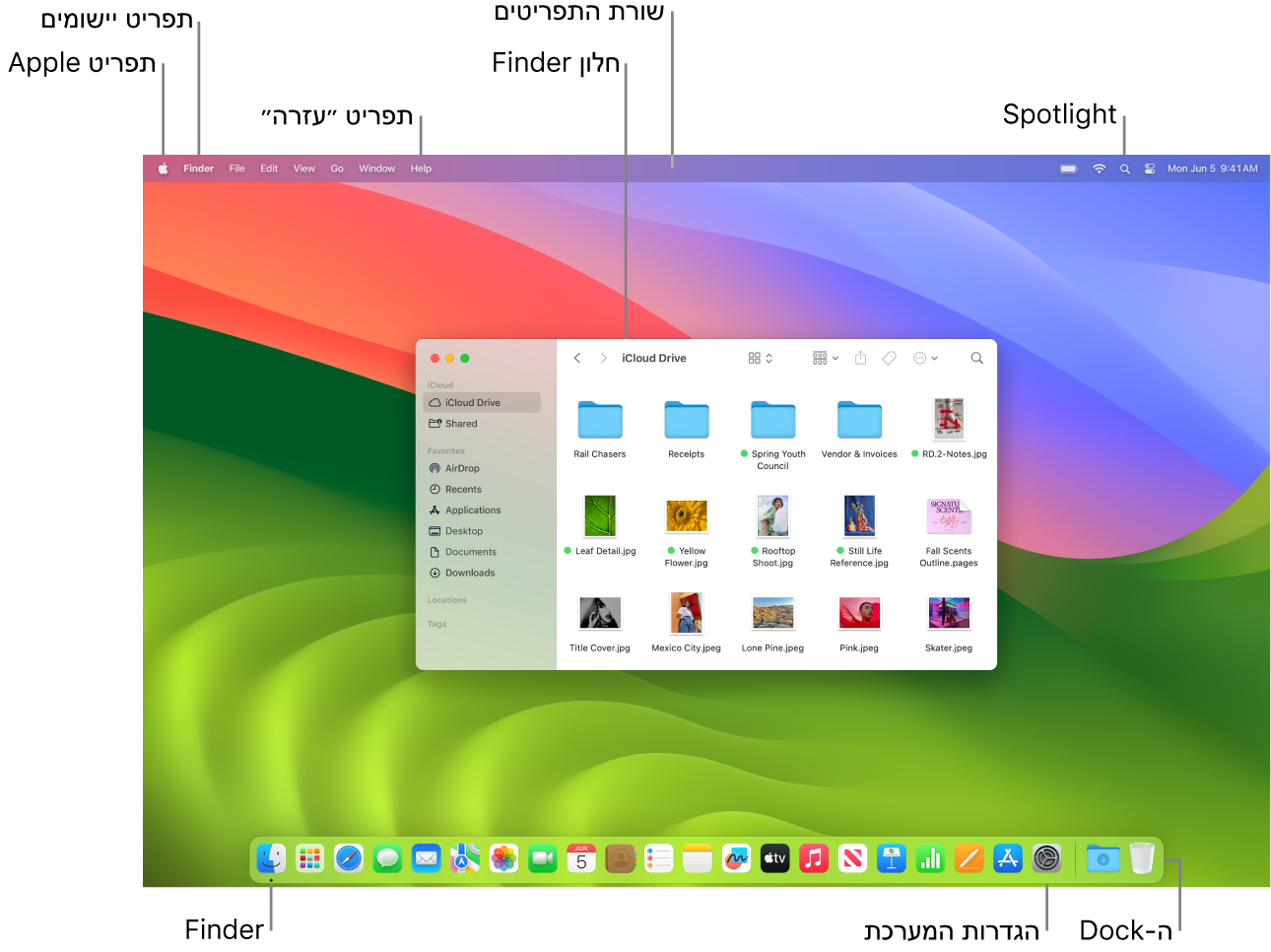 מסך Mac המציג את הרכיבים הבאים: תפריט Apple, תפריט ״יישומים״, תפריט ״עזרה״, חלון של ה‑Finder, שורת התפריטים, האייקון של Spotlight, האייקון של ה‑Finder, האייקון של ״הגדרות המערכת״ וה‑Dock.
