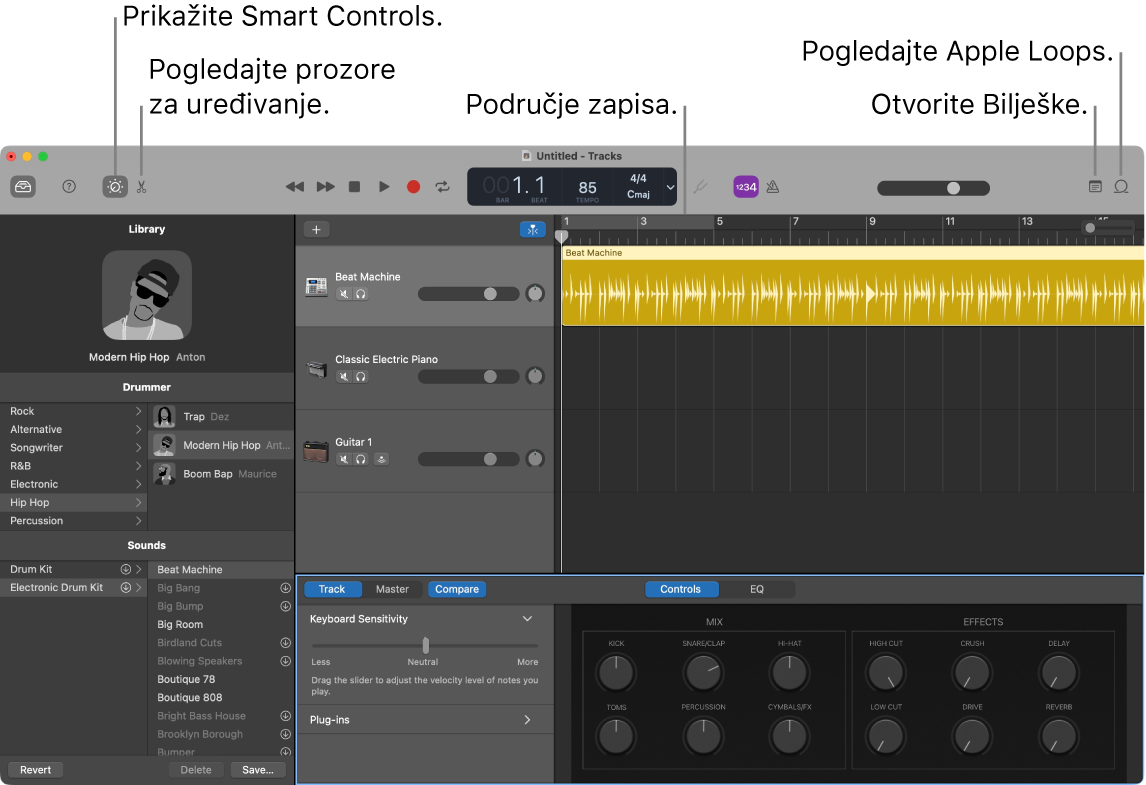 Prozor aplikacije GarageBand prikazuje tipke za pristup postavkama Smart Controls, Urednici, Bilješke i Apple Loops. Prikazuje i prikaz zapisa.