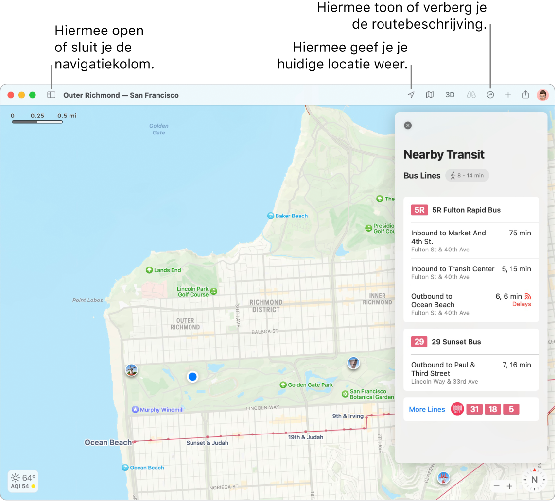 Een Kaarten-venster waarin te zien is hoe je een routebeschrijving opvraagt door op een bestemming in de navigatiekolom te klikken, hoe je de navigatiekolom opent of sluit en hoe je je huidige locatie op de kaart vindt.