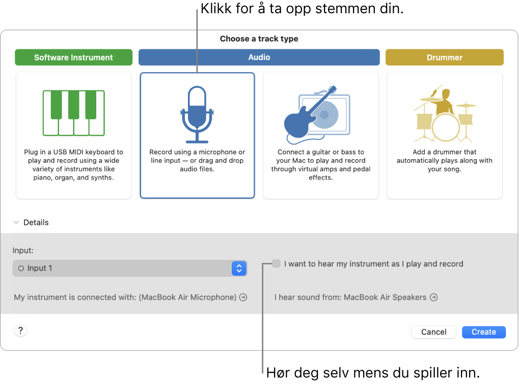 GarageBand-instrumentpanelet som viser hvor du skal klikke for å ta opp en stemme og hvordan du hører deg selv når du tar opp.