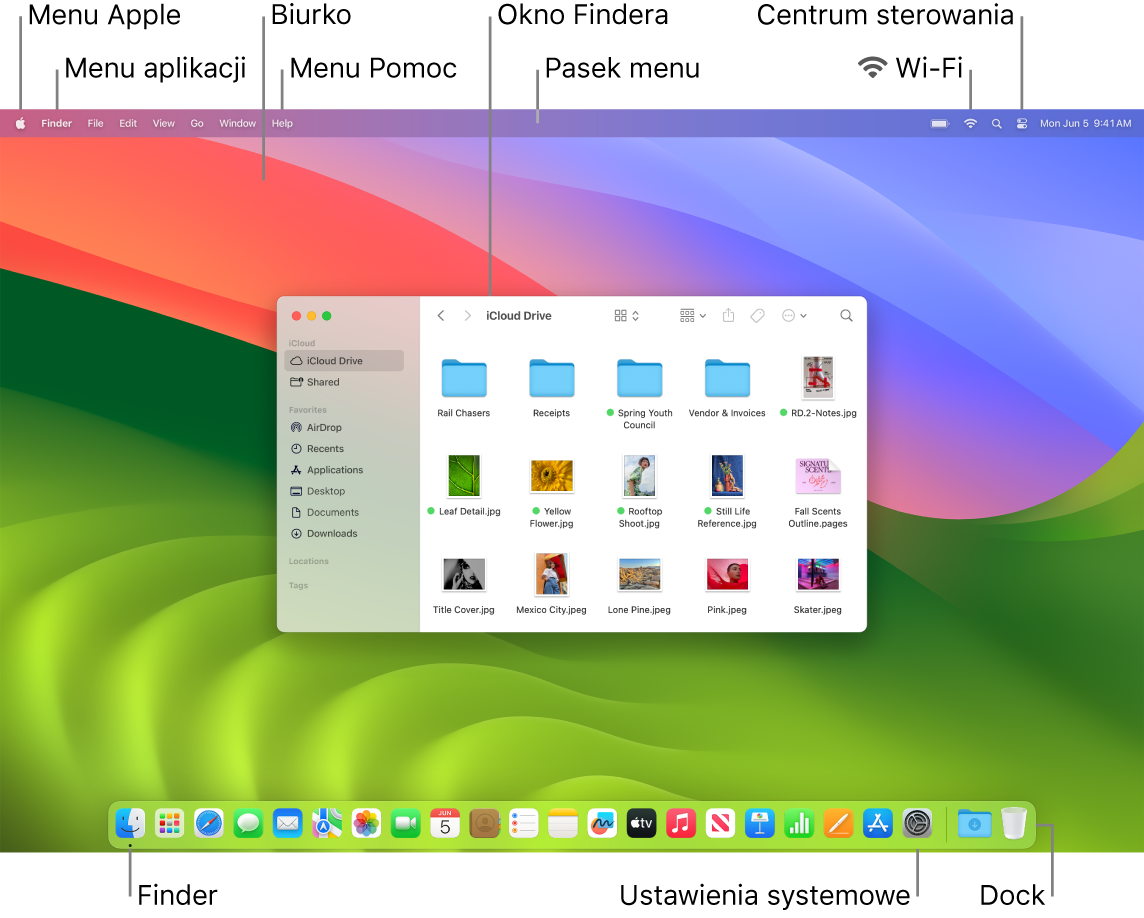 Ekran Maca z opisami wskazującymi menu Apple, menu aplikacji, Biurko, menu Pomoc, okno Findera, pasek menu, ikonę Wi‑Fi, ikonę centrum sterowania, ikonę Findera, ikonę Ustawień systemowych oraz Dock.