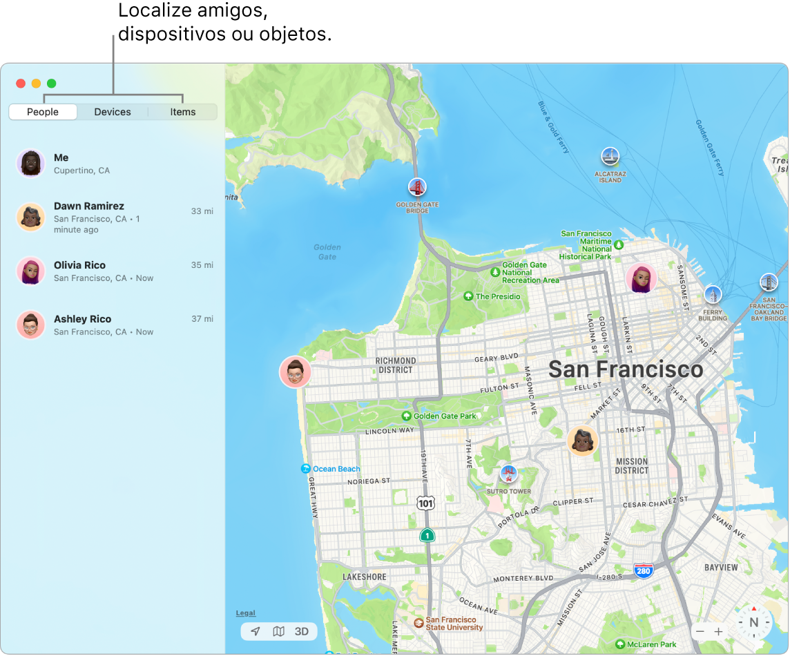 Uma janela Encontrar com o separador Pessoas selecionado à esquerda e um mapa de São Francisco à direita com a sua localização e a de dois amigos.