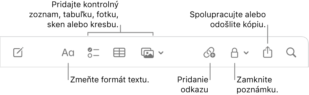 Panel s nástrojmi Poznámky s nástrojmi bublina v textovom formáte, kontrolný zoznam, tabuľka, odkaz, fotka/médiá a kopírovanie.