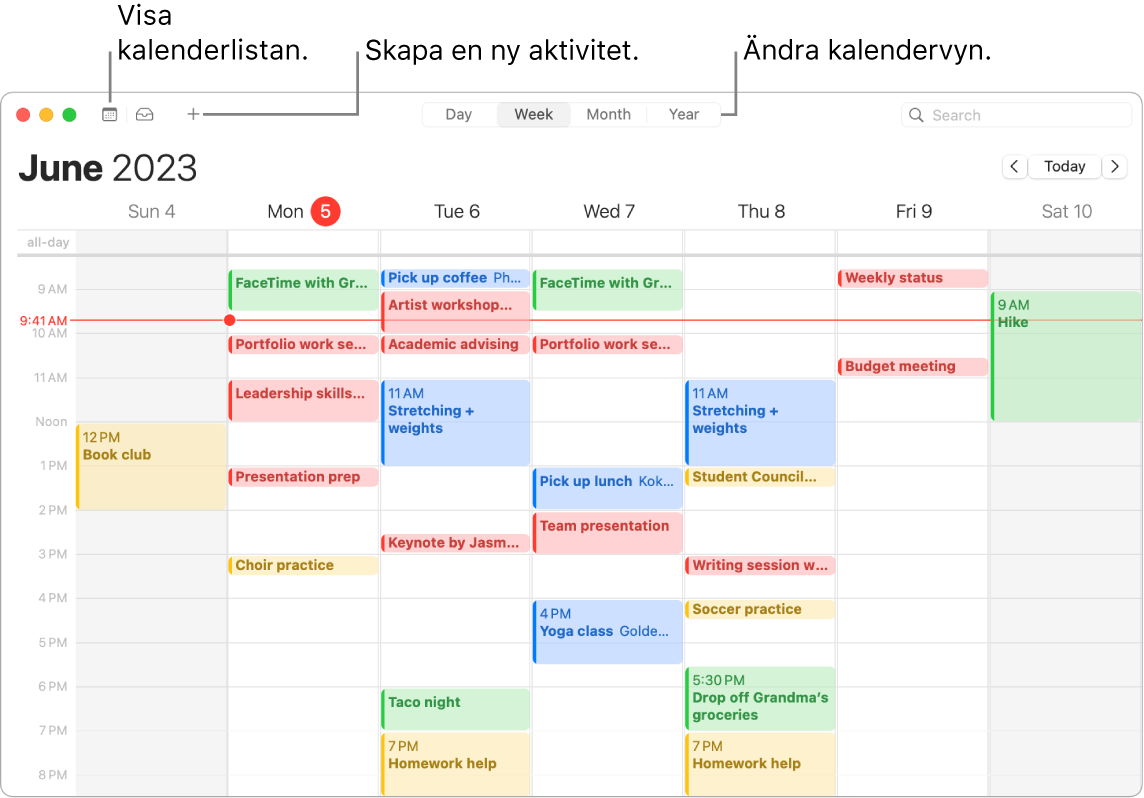 Ett Kalender-fönster som visar kalenderlistan, hur du skapar en aktivitet och hur du väljer dag-, vecko-, månads- eller årsvyn.