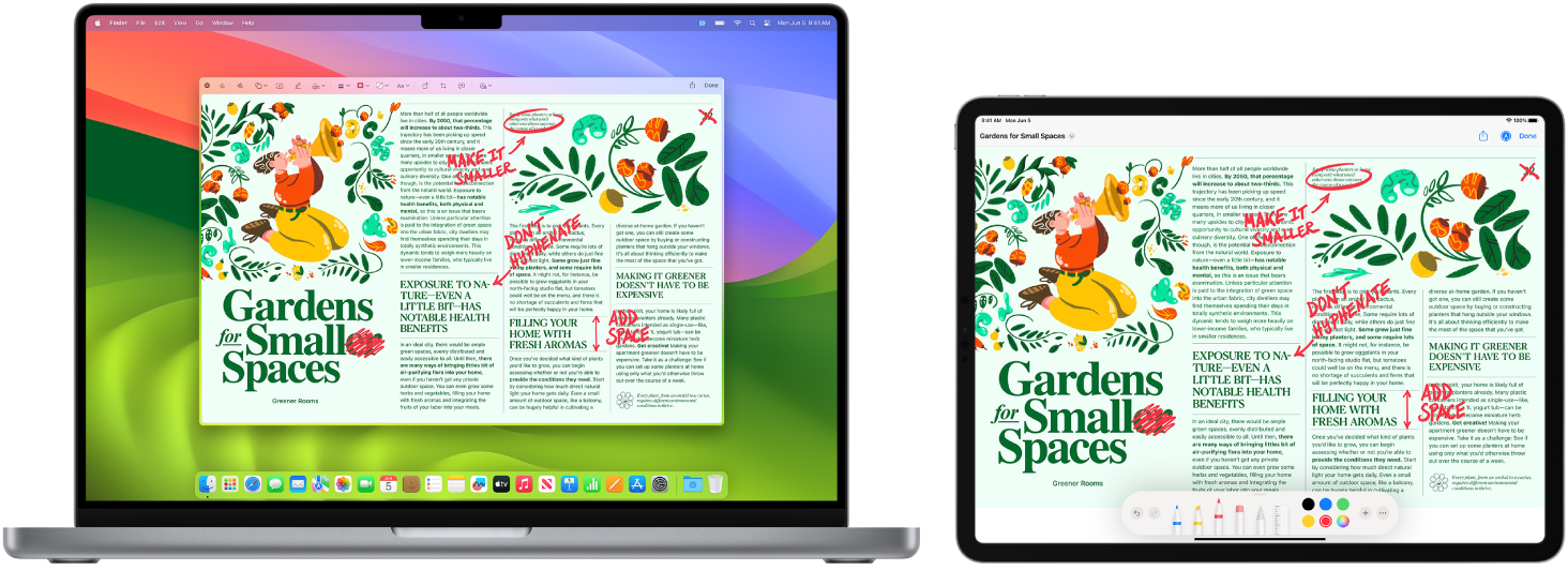 A MacBook Pro and an iPad sit side by side. The MacBook Pro shows art within the navigator window of Illustrator. The iPad shows the same art in the document window of Illustrator, surrounded by toolbars.