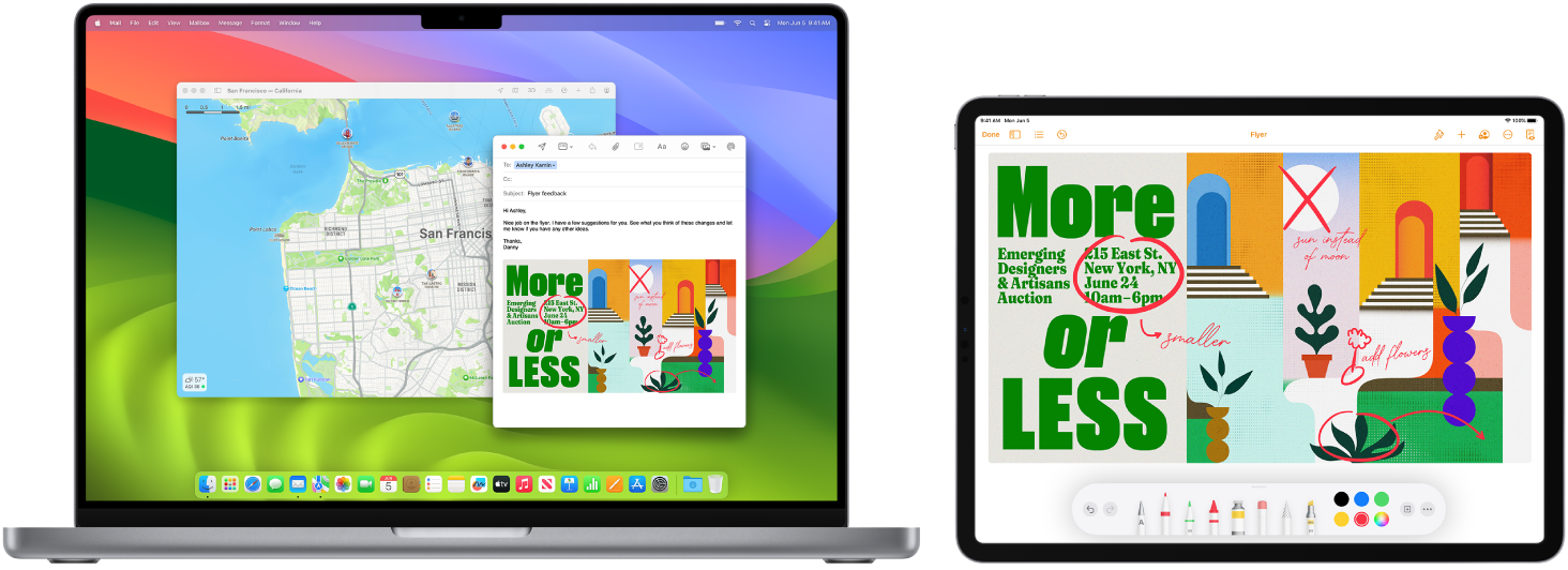 A MacBook Pro and iPad next to each other. The iPad screen shows a flyer with annotations. The MacBook Pro screen has a Mail message with the annotated flyer from the iPad as an attachment.
