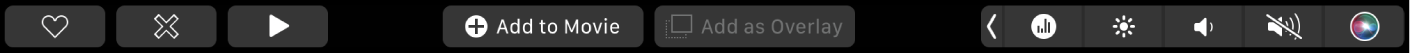 La Touch Bar de iMovie con los botones para reproducir, agregar a película, y agregar como superposición.