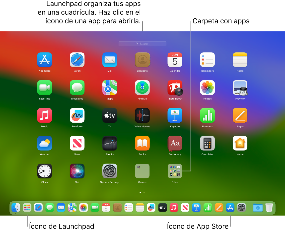 La pantalla de la Mac con el Launchpad abierto, mostrando una carpeta de apps en el Launchpad y los íconos del Launchpad y de App Store en el Dock.