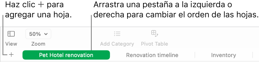 Ventana de Numbers mostrando cómo agregar una hoja nueva y cómo cambiar el orden de las hojas.