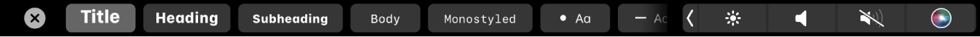 Muistiinpanojen Touch Bar, jossa on painikkeet kappaletyyleille, kuten pääotsikko, otsikko ja leipäteksti, sekä painikkeet luettelovalinnoille, kuten luettelomerkki, viiva ja numero.