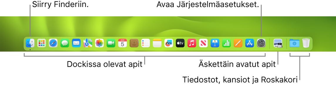 Dock, jossa näkyy Finder, Järjestelmäasetukset ja Dockissa oleva erotin, joka erottaa tiedostot ja kansiot apeista.