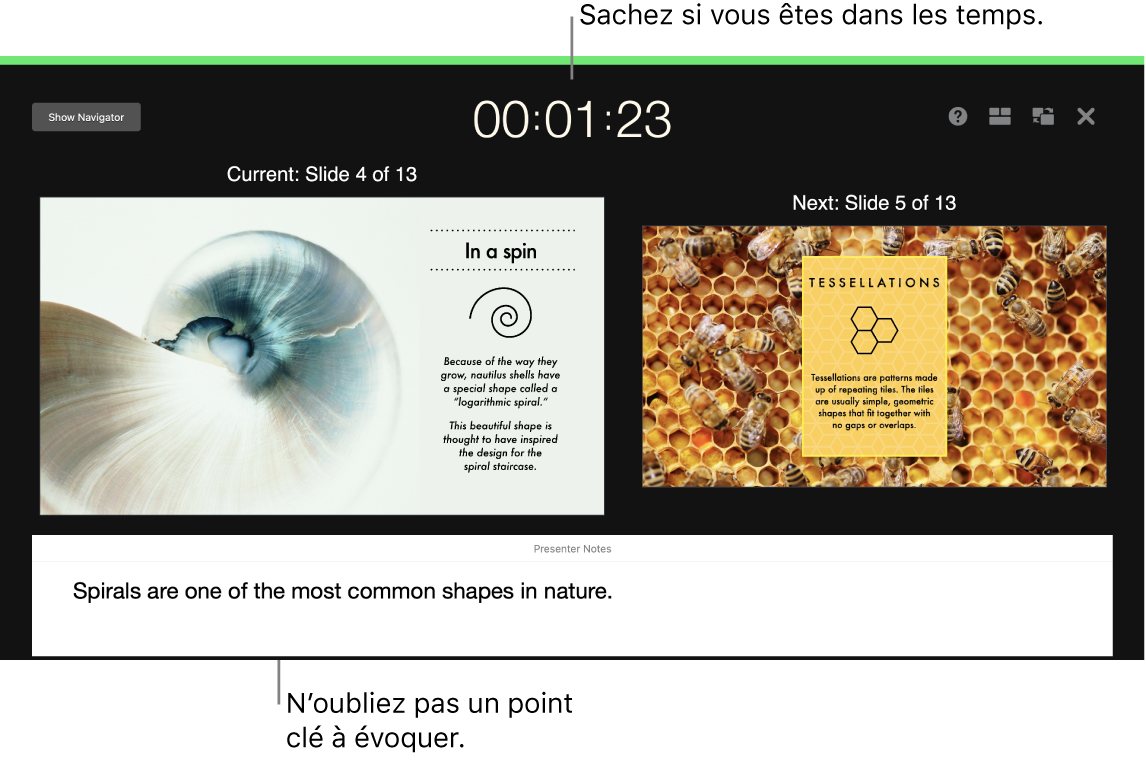 Fenêtre de Keynote illustrant la fonctionnalité Tester le diaporama.