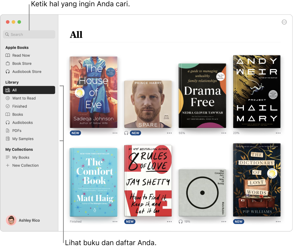 App Buku menampilkan cara melihat buku, menjelajahi konten yang dikuratori, dan pencarian.