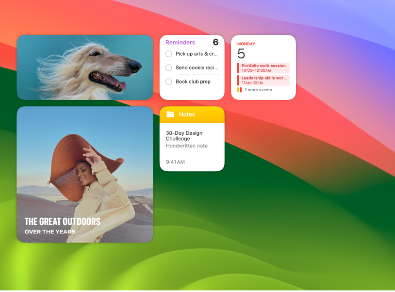 Dua widget Foto dan widget pengingat di desktop Mac.
