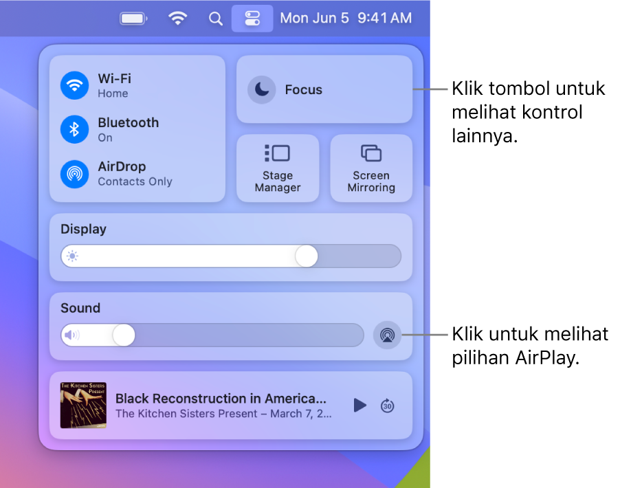 Tampilan Pusat Kontrol yang diperbesar di Mac Anda dengan keterangan untuk tombol Layar.