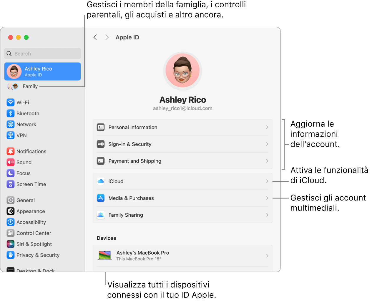 Le impostazioni dell’ID Apple in Impostazioni di Sistema, con didascalie per aggiornare le informazioni dell’account, attivare o disattivare le funzionalità di iCloud, gestire gli account multimediali e Famiglia, dove puoi gestire i membri del gruppo familiare, i controlli parentali, gli acquisti e altro ancora.