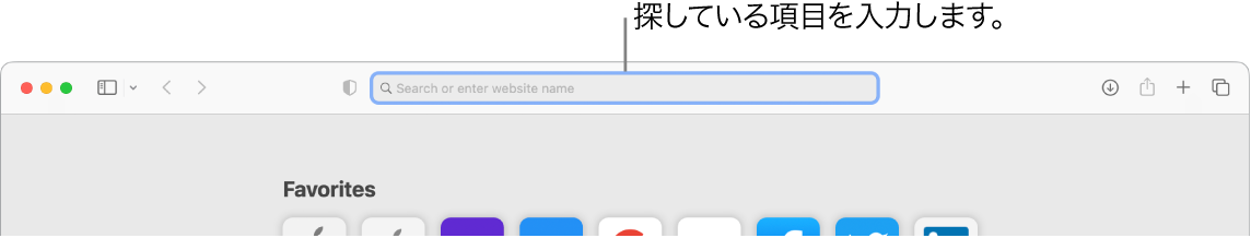 切り取ったSafariウインドウ。ウインドウ上部にある検索フィールドへのコールアウト。