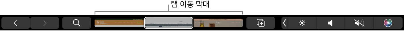 뒤로 및 앞으로 화살표, 검색 버튼, 탭 이동 막대 및 책갈피 추가 버튼이 있는 Safari용 Touch Bar.