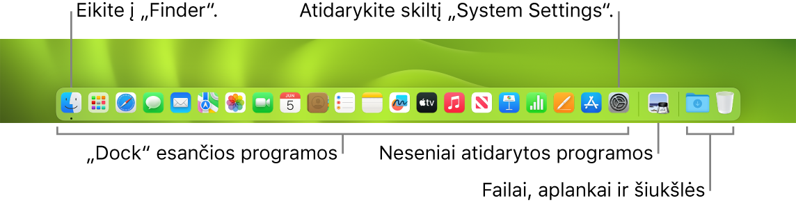 Funkcija „Dock“, kurioje matosi „Finder“, „System Settings“ ir „Dock“ skirtukas, skiriantis programa nuo failų ir aplankų.