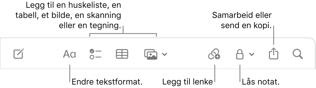 Notater-verktøylinjen med bildeforklaringer for verktøyene for tekstformat, sjekkliste, tabell, lenke, bilder/medier, lås, deling og send en kopi.