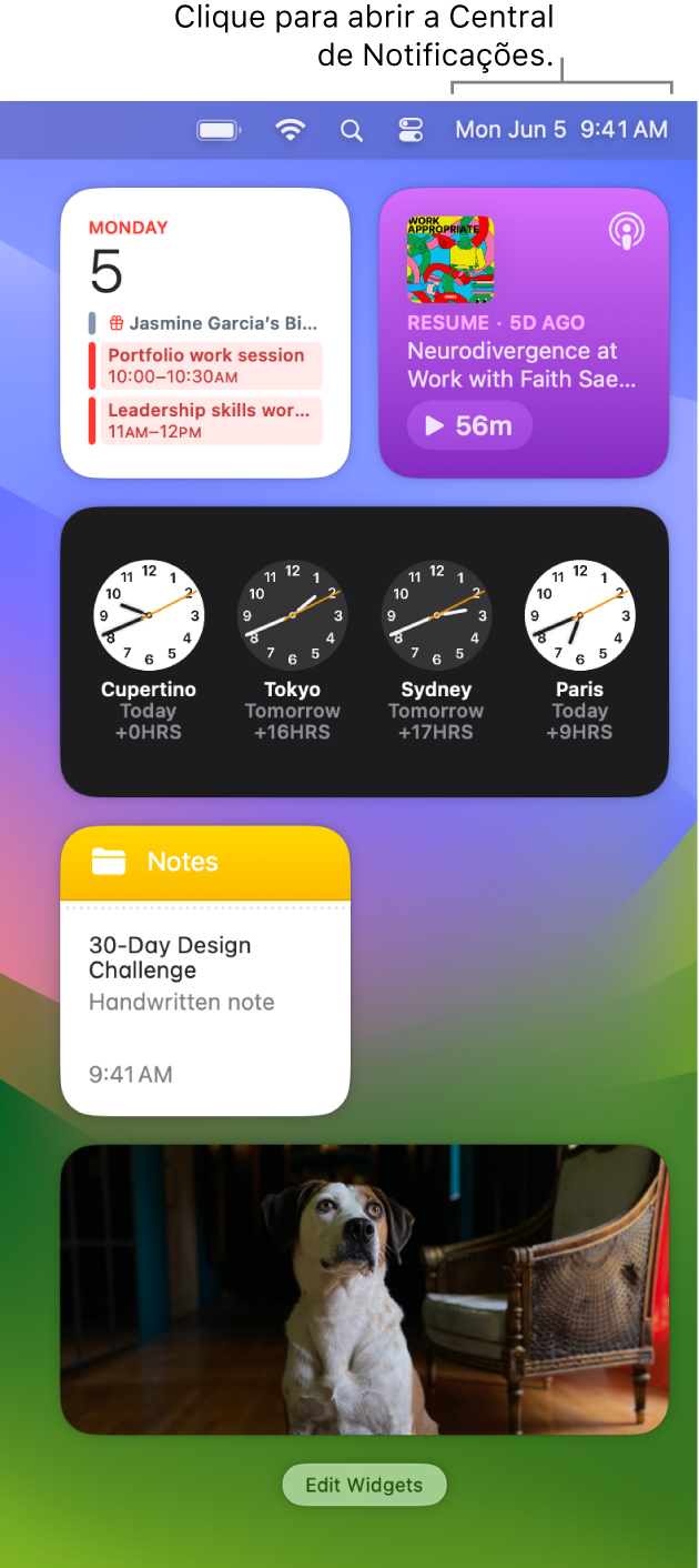 Central de Notificações com notificações e widgets do apps Fotos, Casa, Calendário e Tempo de Uso.