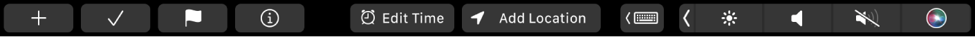 A Touch Bar da aplicação Lembretes com botões para criar um novo lembrete, assinalar, marcar, informação, “Editar hora”, “Adicionar local”.
