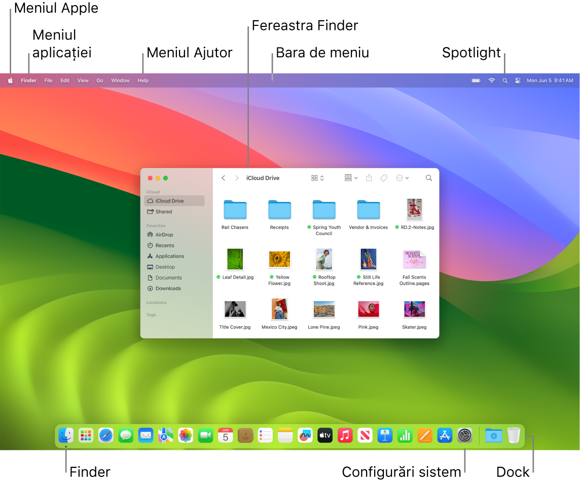 Un ecran Mac afișând meniul Apple, meniul Aplicații, meniul Ajutor, o fereastră Finder, bara de meniu, pictograma Spotlight, pictograma Finder, pictograma Configurări sistem și Dock-ul.