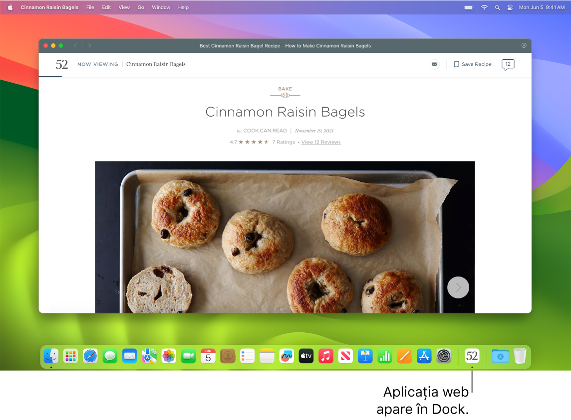 O aplicație web deschisă, cu pictograma acesteia în Dock.
