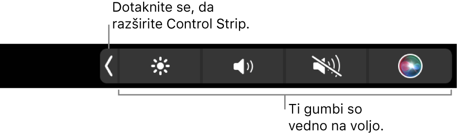 Delni zaslon privzete vrstice Touch Bar, ki prikazuje strnjeno Control Strip z gumbi, ki so vedno na voljo: svetlost, glasnost in izklop zvoka. Tapnite gumb za razširitev, da prikažete celotno vrstico Control Strip.