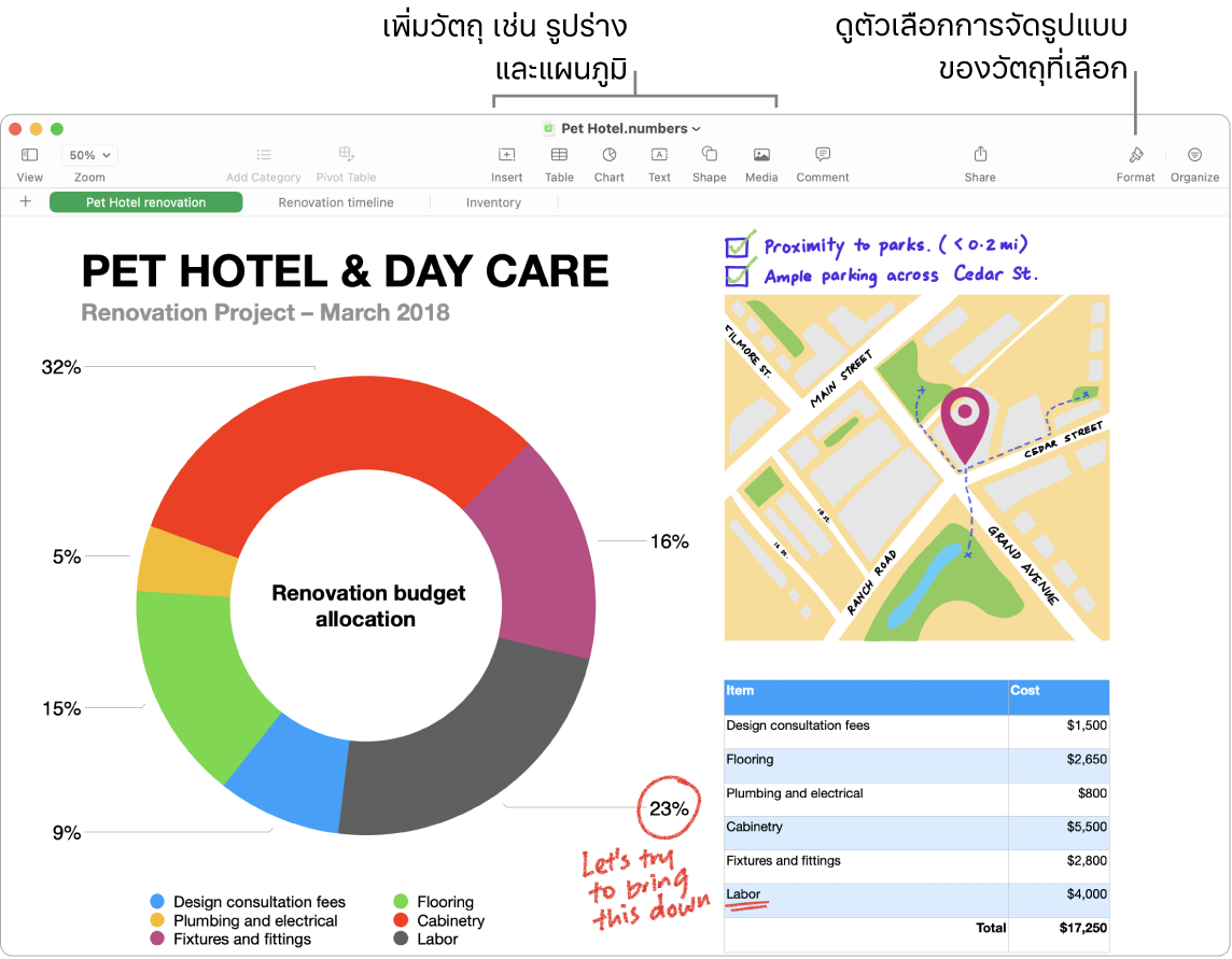 หน้าต่างแอป Numbers ที่มีแถบเครื่องมือและเครื่องมือการแก้ไขของแถบเครื่องมือที่ด้านบน ปุ่มใช้งานร่วมกันอยู่ใกล้กับด้านขวาบน และปุ่มรูปแบบและจัดระเบียบอยู่ทางด้านขวา