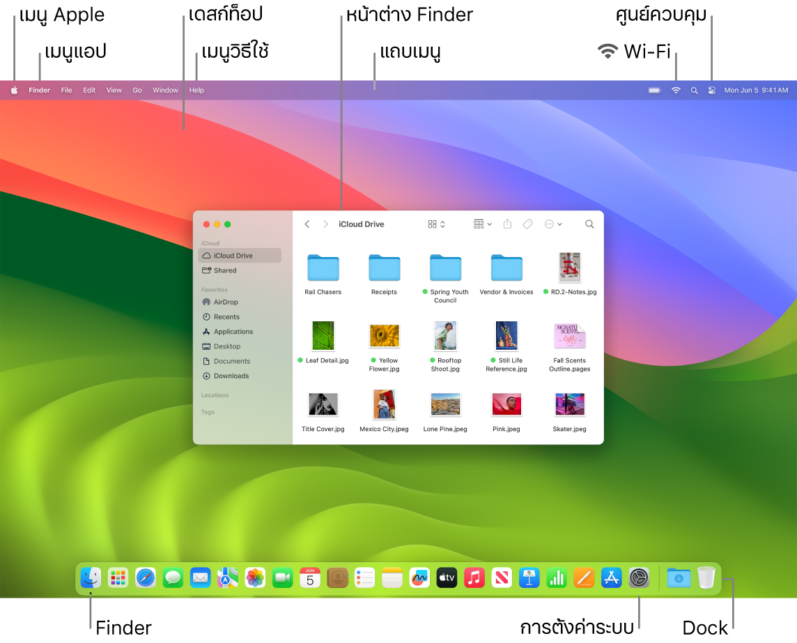 หน้าจอ Mac ที่แสดงเมนู Apple, เมนูแอป, เดสก์ท็อป, เมนูวิธีใช้, หน้าต่าง Finder, แถบเมนู, ไอคอน Wi-Fi, ไอคอนศูนย์ควบคุม, ไอคอน Finder, ไอคอนการตั้งค่าระบบ และ Dock